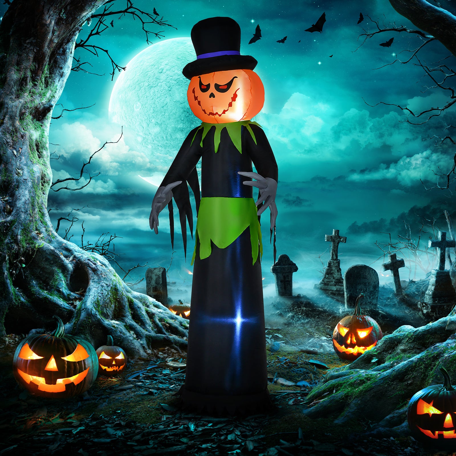 8ft Tall Halloween Inflatable Pumpkin Ghost In A Hat Decoration