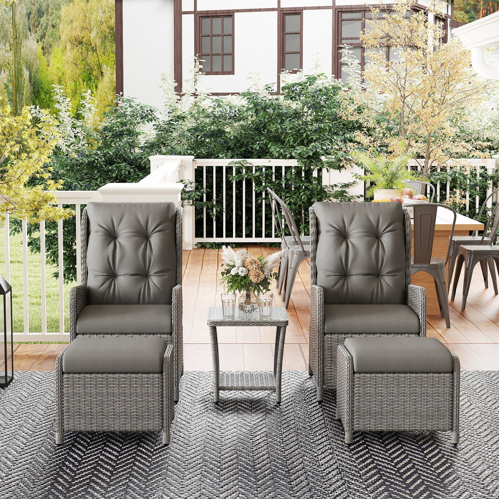 Recliner Rattan Garden Furniture W/ Two-tier Glass Top Table | Light Grey
