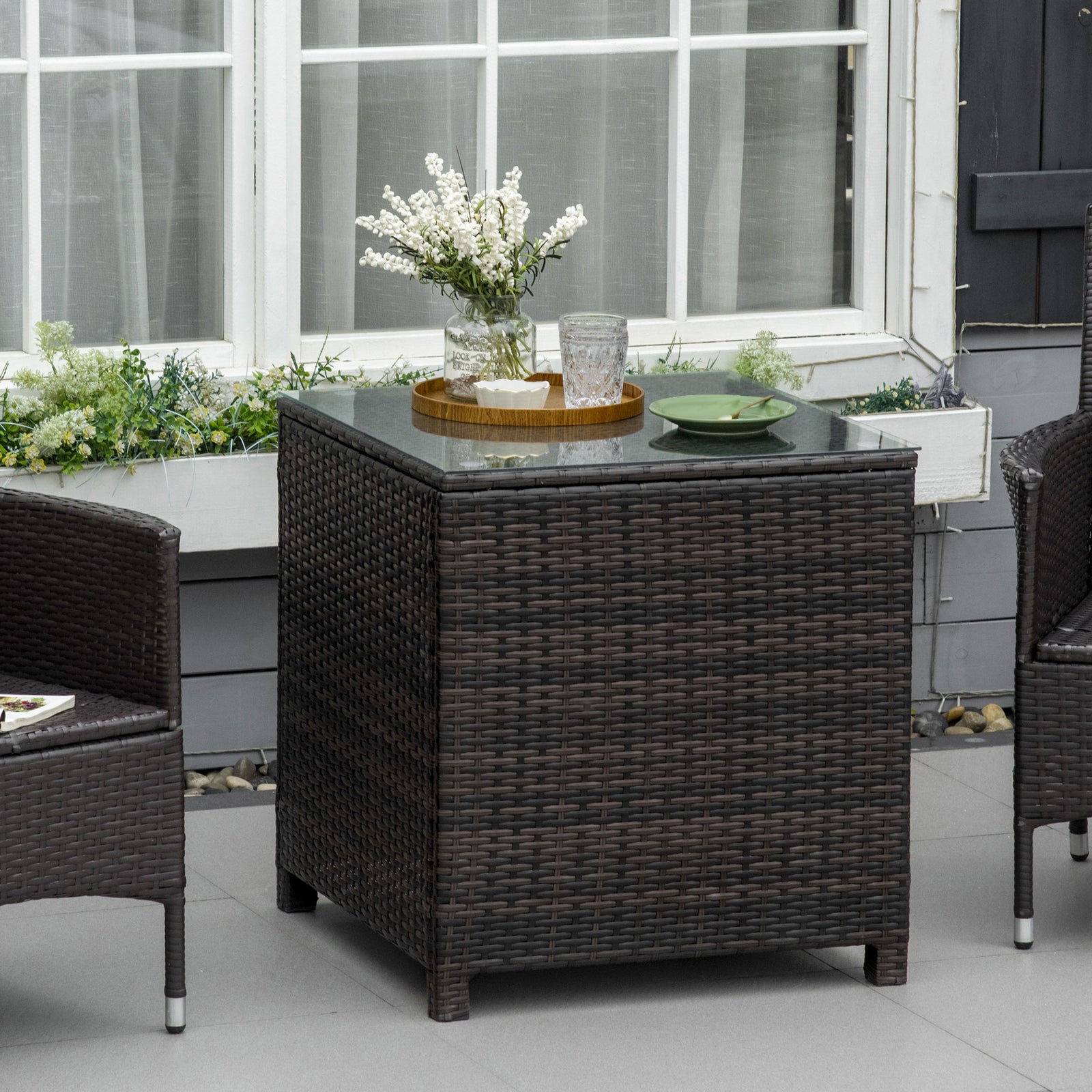 Rattan Garden Side Table Wicker Patio With Tempered Glass | Brown