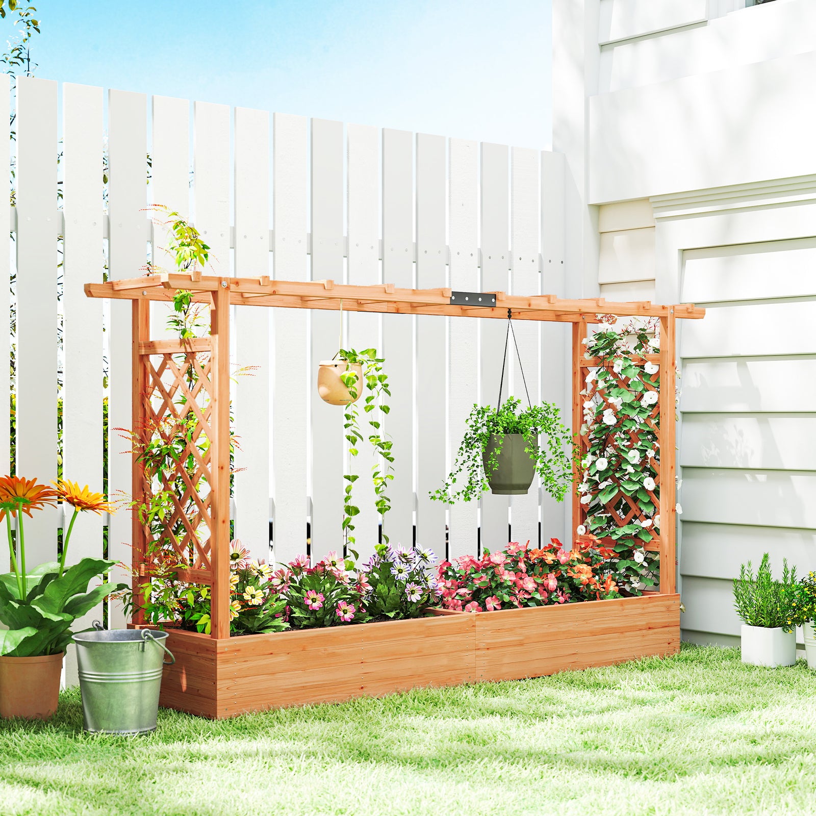 Raised Garden Bed With Trellis 200x44x113.5cm Natural