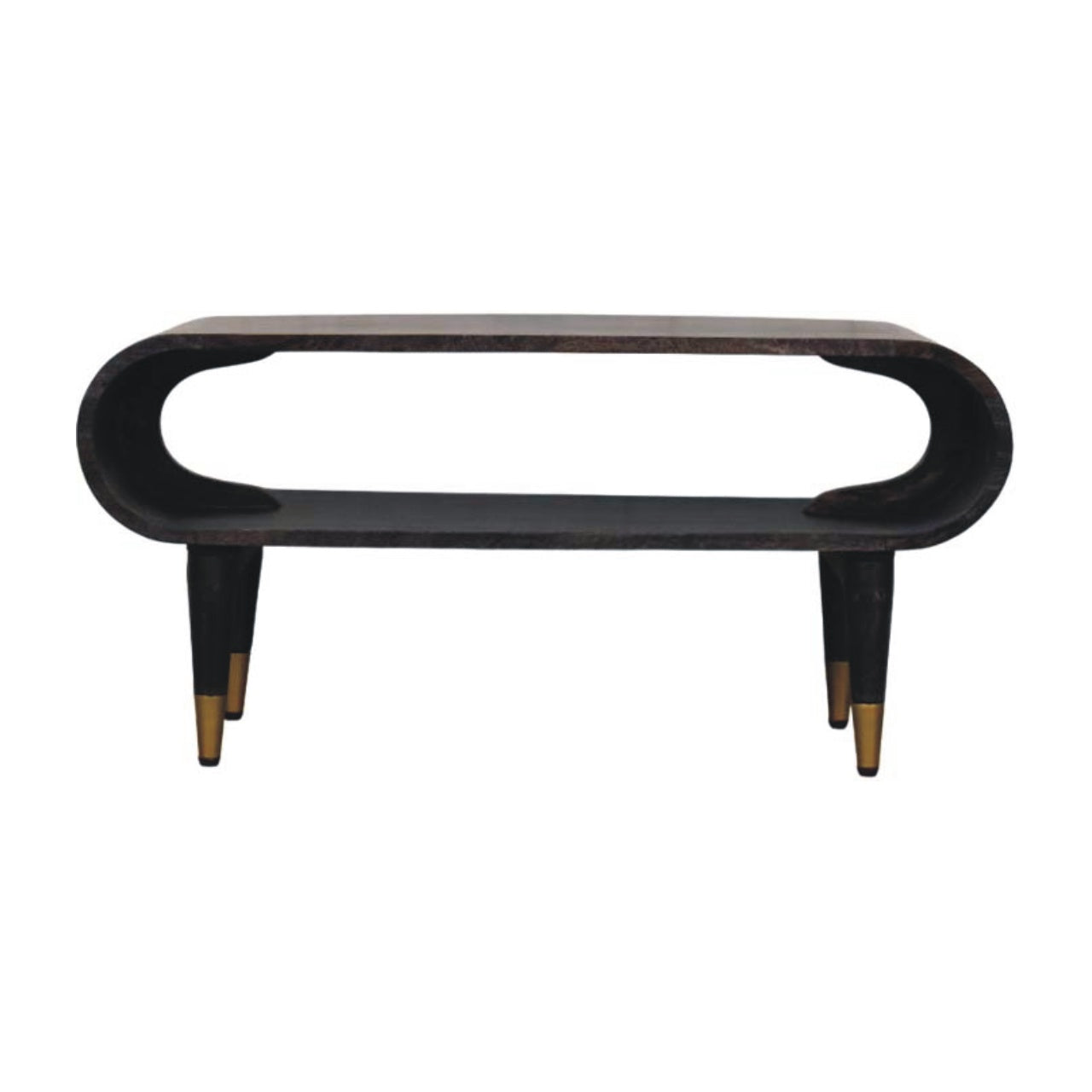 Solid Wood Curved Edge Media With Brass Accents, Open Slot, Dark Brown