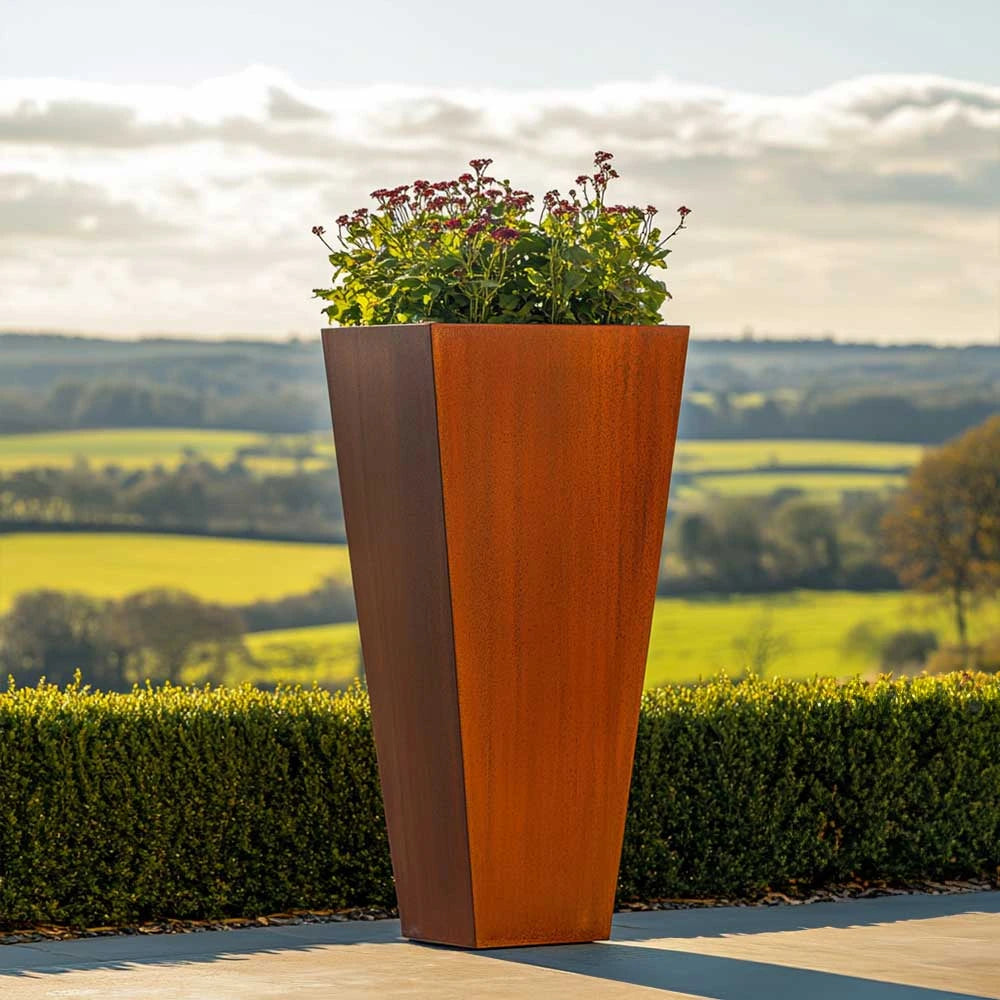 Corten Steel Tall Tapered Square Planter - Pre-rusted | 40cm x 40cm x 90cm | Brown