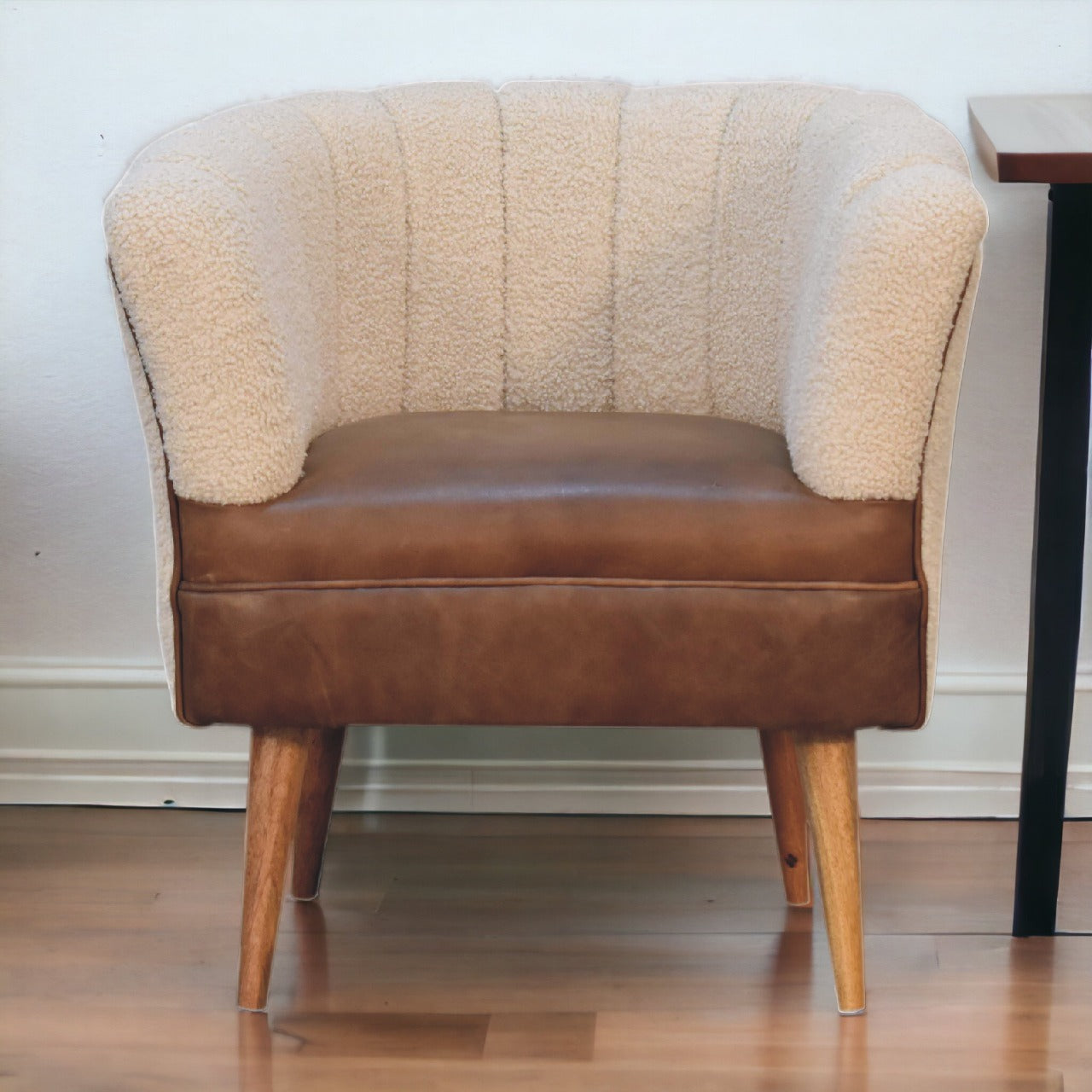 Solid Mango Wood Boucle Cream Buffalo Armchair