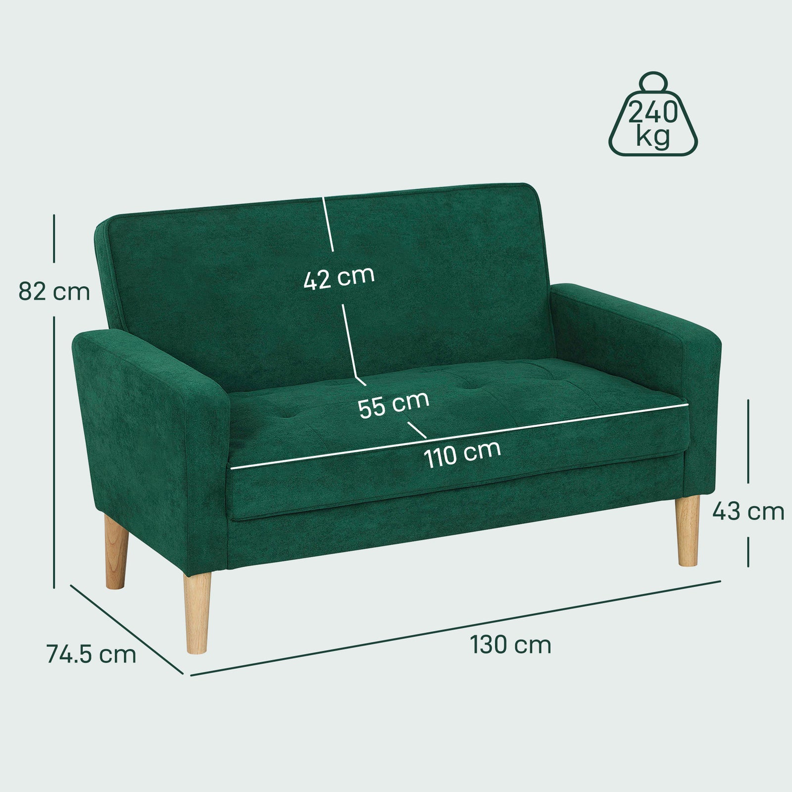 2 Seater Sofa, Velvet-feel Upholstered Loveseat For Small Space | Green