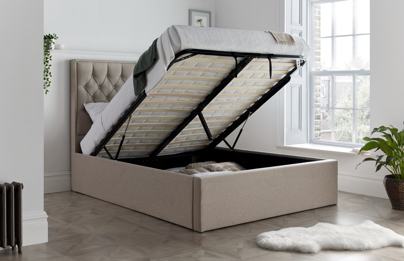 Wilson Fabric Ottoman Bed | Double | Beige