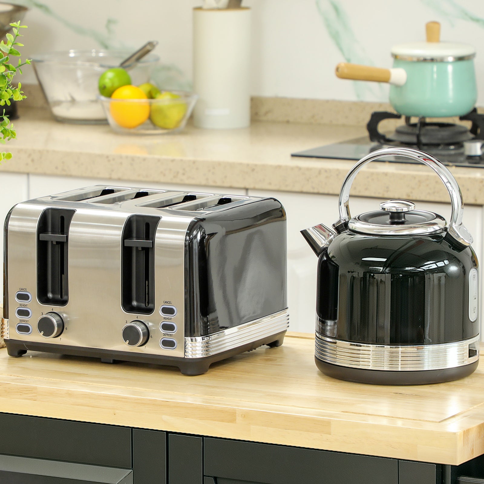 1.7l 3000w Fast Boil Electric Kettle And 4 Slice Toaster Set | Black