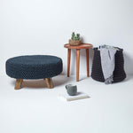 HOMESCAPES Black Large Round Cotton Knitted Footstool On Legs