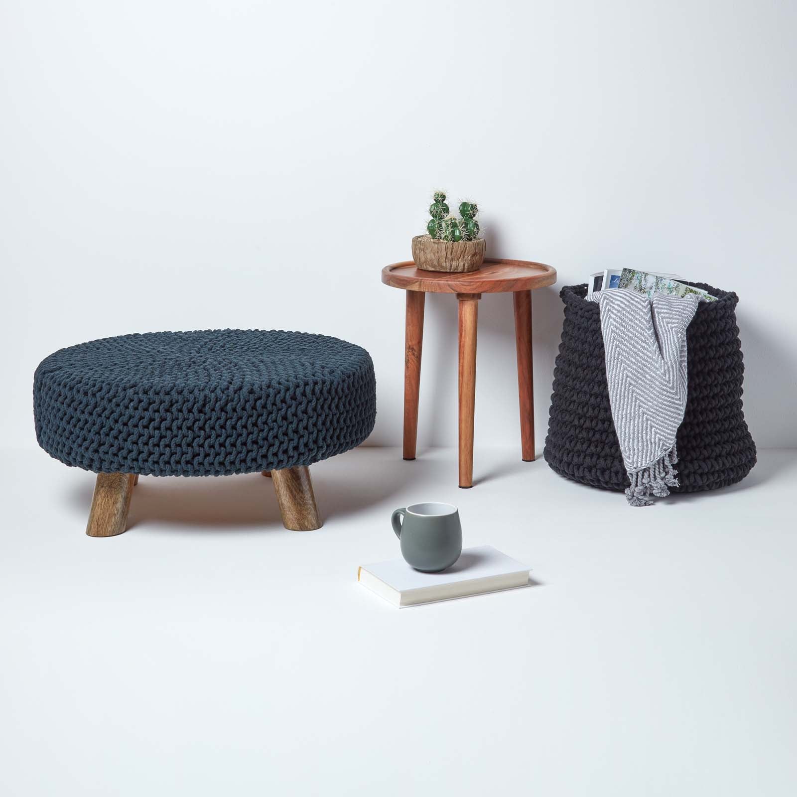 HOMESCAPES Black Large Round Cotton Knitted Footstool On Legs