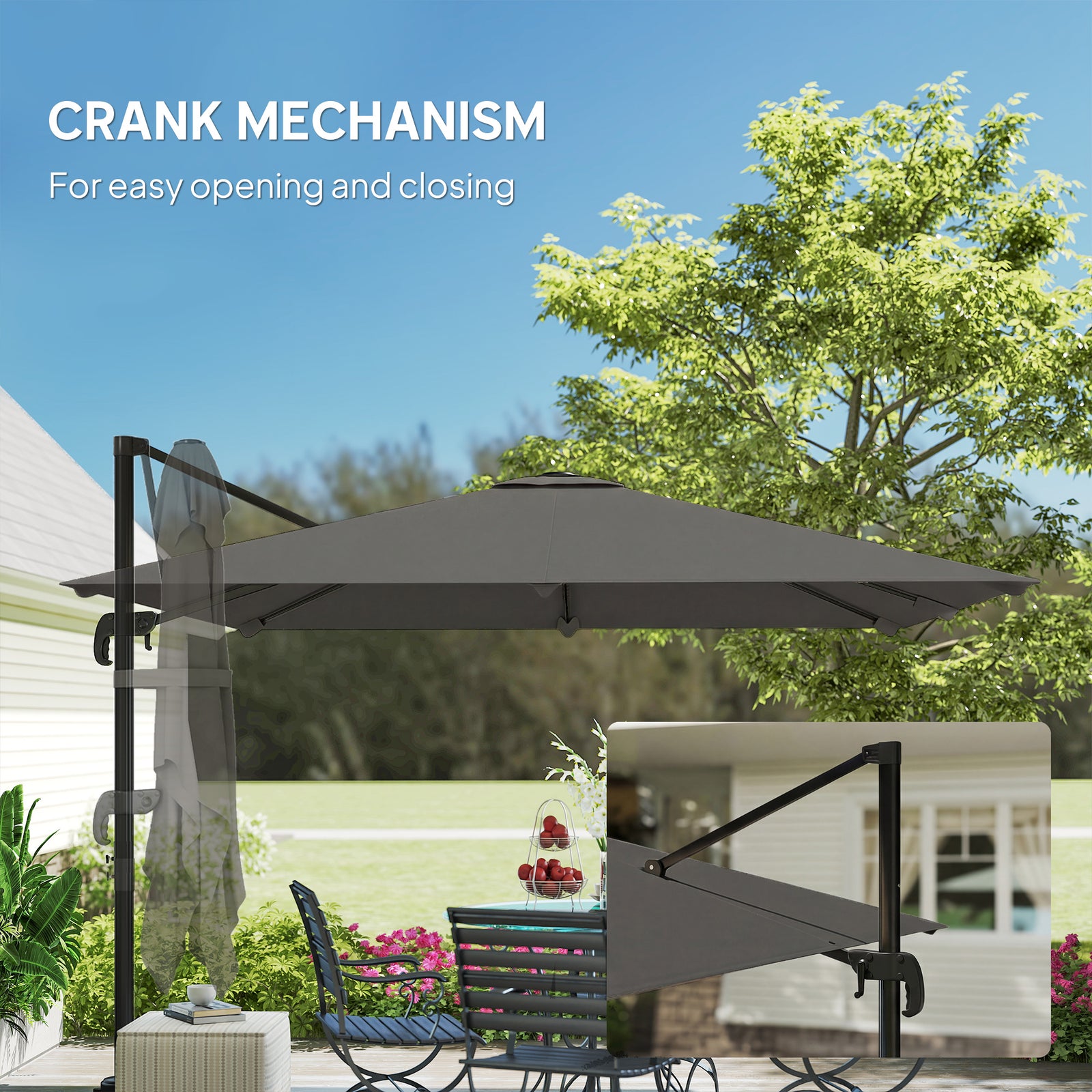 3 X 3 M Cantilever Parasol, Square Patio Umbrella With Crank Handle | Dark Grey