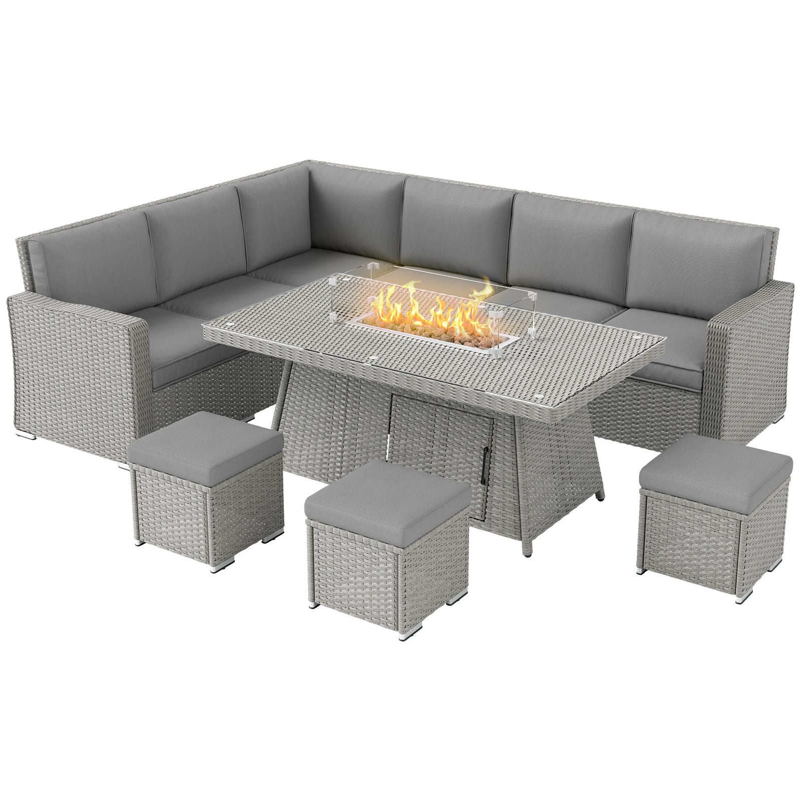 7 Pieces Rattan Furniture Set 50,000 Btu Gas Fire Pit Table