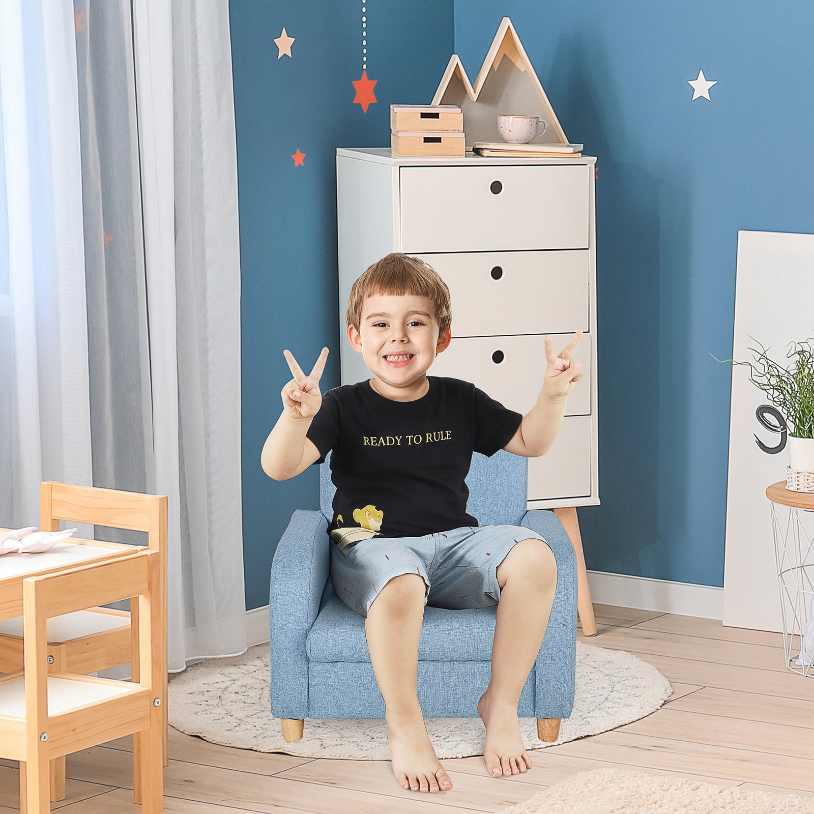 Child Armchair Wood Frame W/ Padding Seat Low-rise Bedroom | Blue