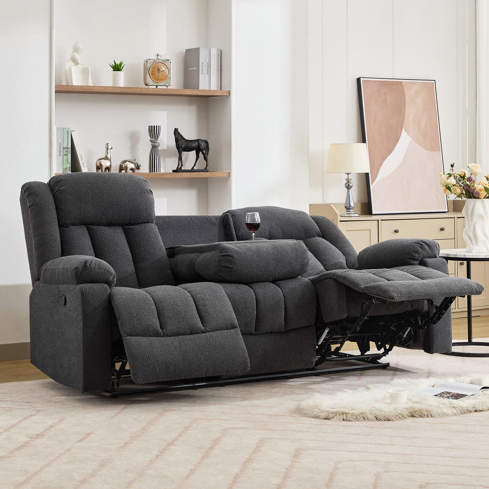 Lovell 3 Seat Manual Recliner Sofa With Central Console | Dark Grey
