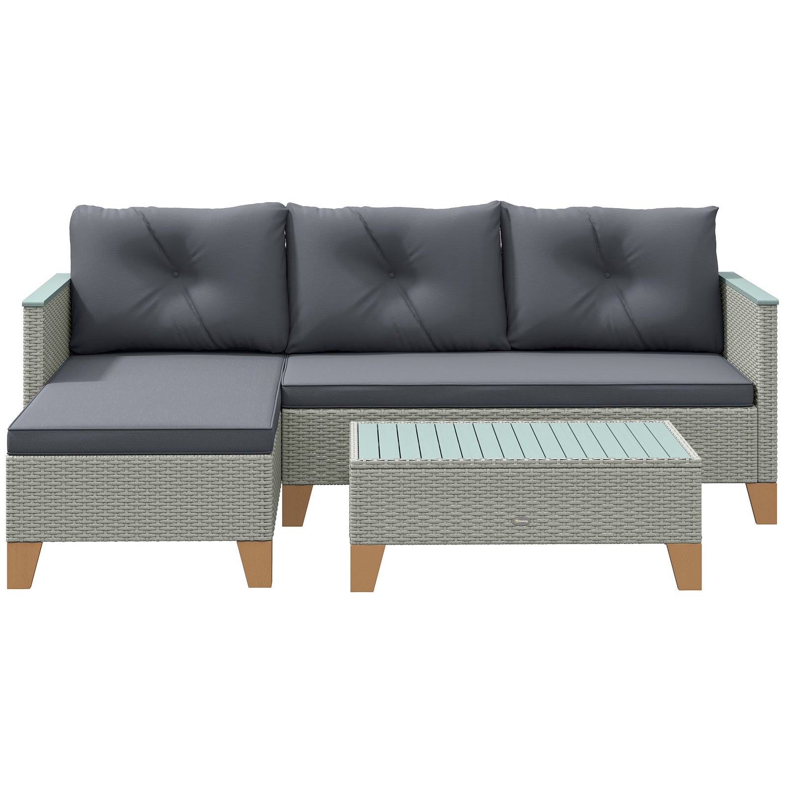 3 Pieces Rattan Lounge Set, L-shaped With Wood Table | Charcoal Gray
