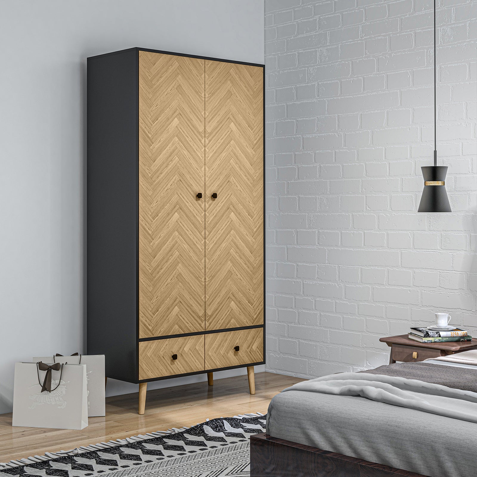 Modern Wardrobe Cabinet With Shelf Hanging Rod 2 Drawers