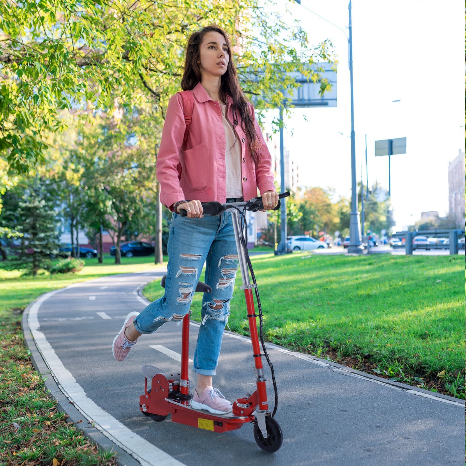 Foldable Powered Scooter With Adjustable Seat And Brake | Red