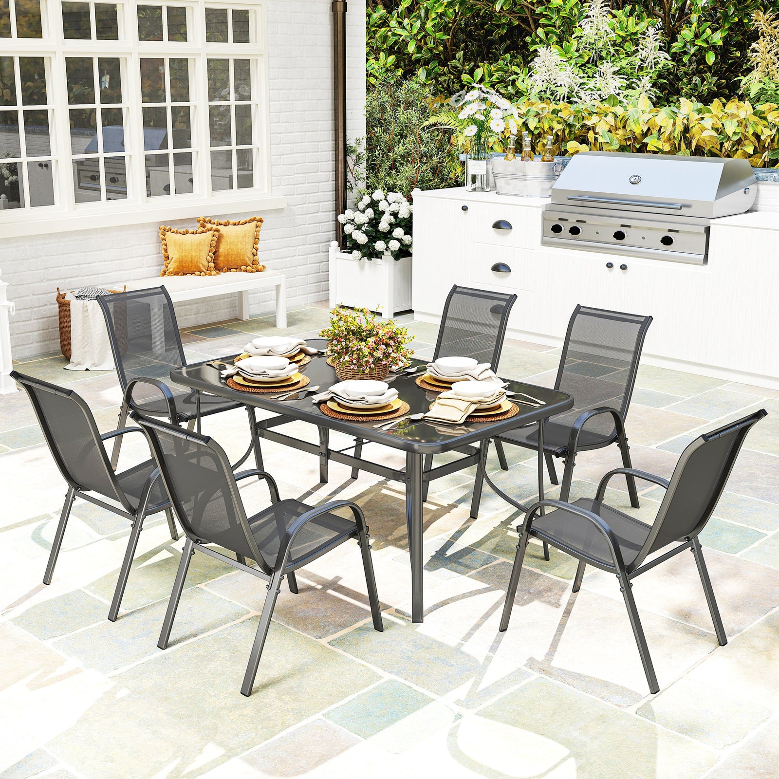 Garden Dining Set, 6 Seater W/ Parasol Hole, Charcoal