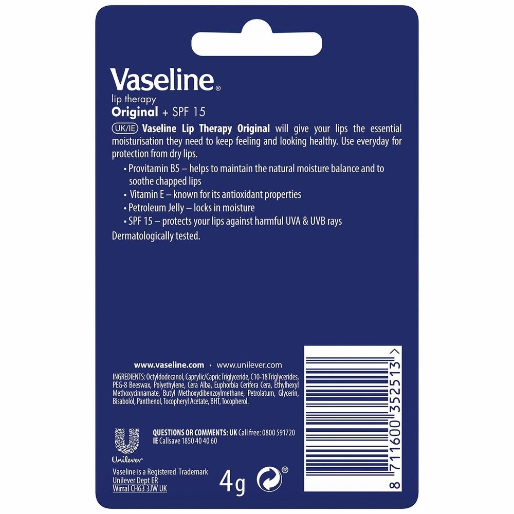 Vaseline Lip Therapy Balm Sticks, Original 4gm Hydrating Lip Care Balm