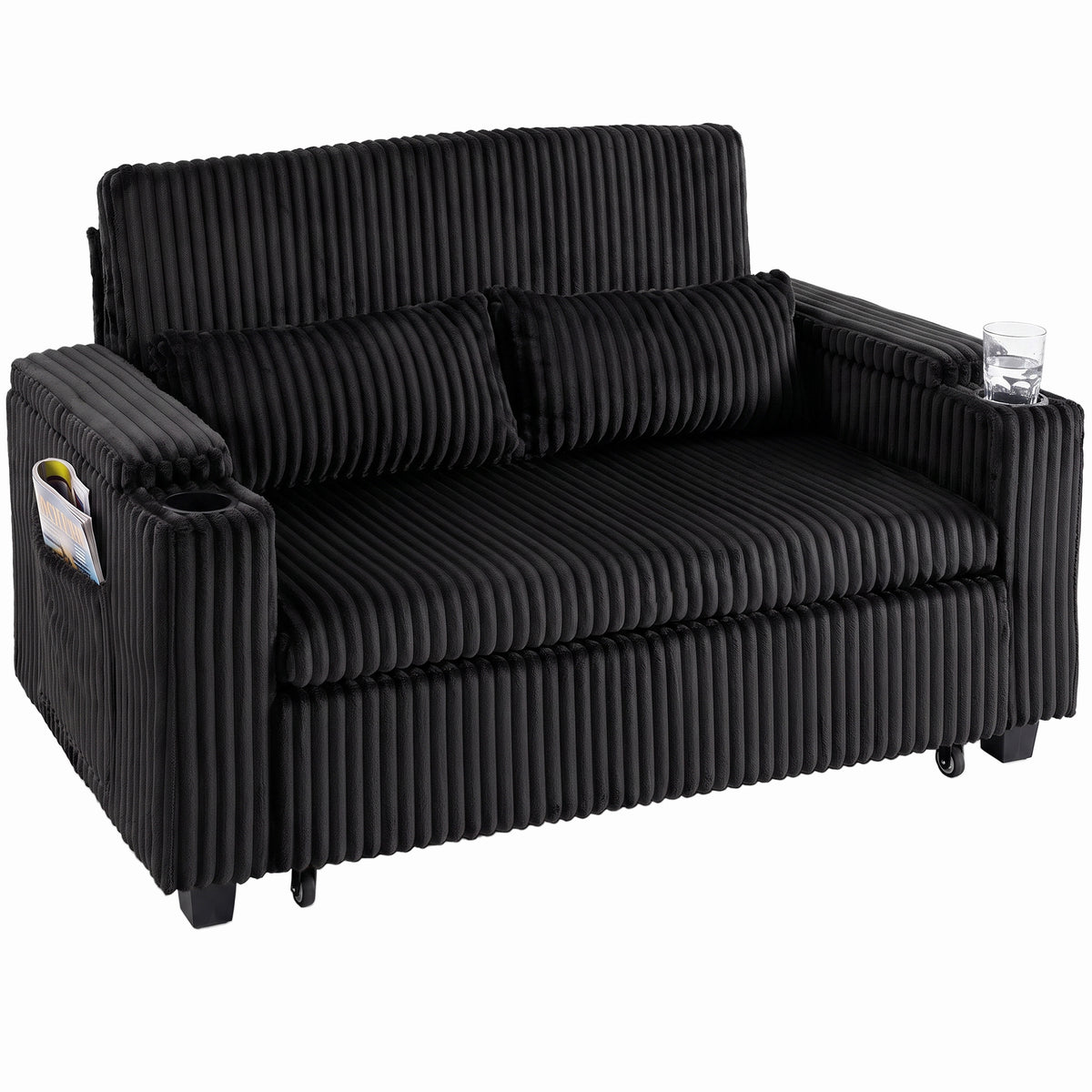 2 Seater Sofa Bed, 3-in-1 Corduroy Pull Out Sleeper Sofa | Black