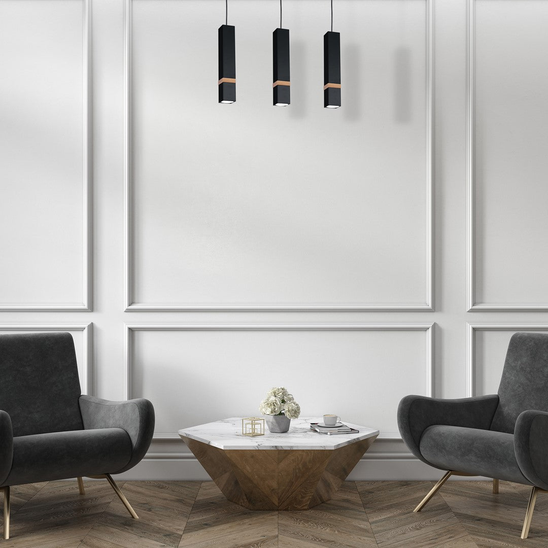 Vidar Black Pendant Lamp 3xgu10 Hand Made Modernist Cuboid Design With Natural Wooden Inserts