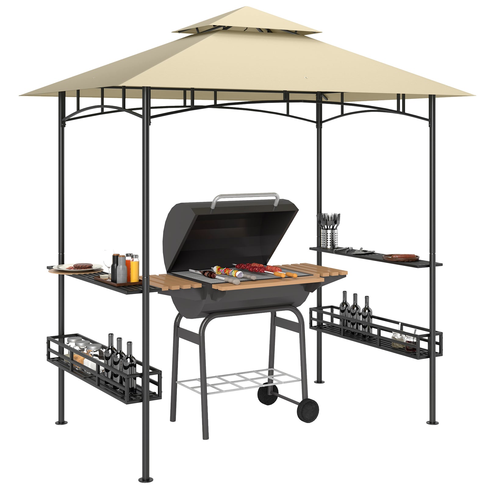 8' X 5' Grill Gazebo Canopy With 2 Side Shelves, Hook | Beige