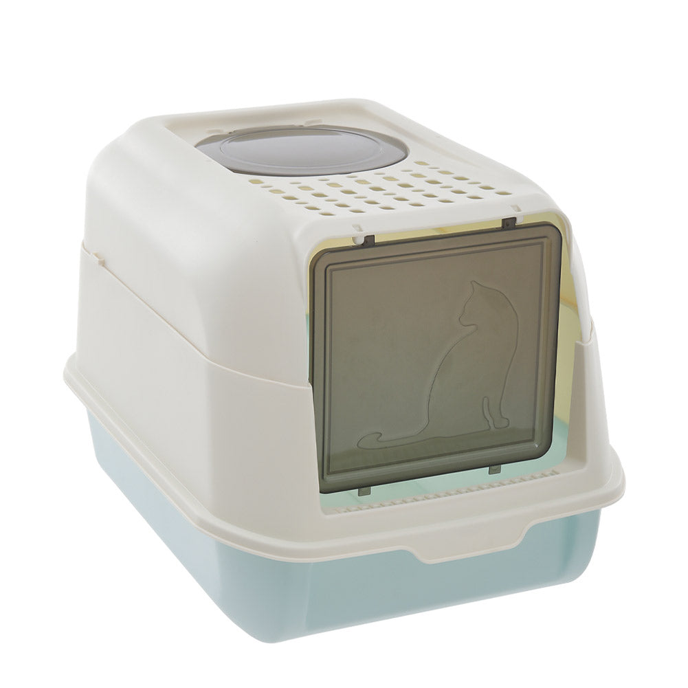 Large Hooded Top Entry Cat Litter Box With Scoop | Sky Blue