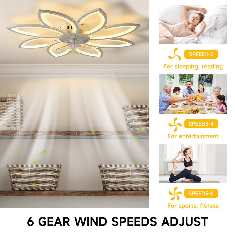 White 8-petal Ceiling Fan Light 3 Blades With 3-color Dimming, 6-speed ​, Remote Control, Timer & App Control
