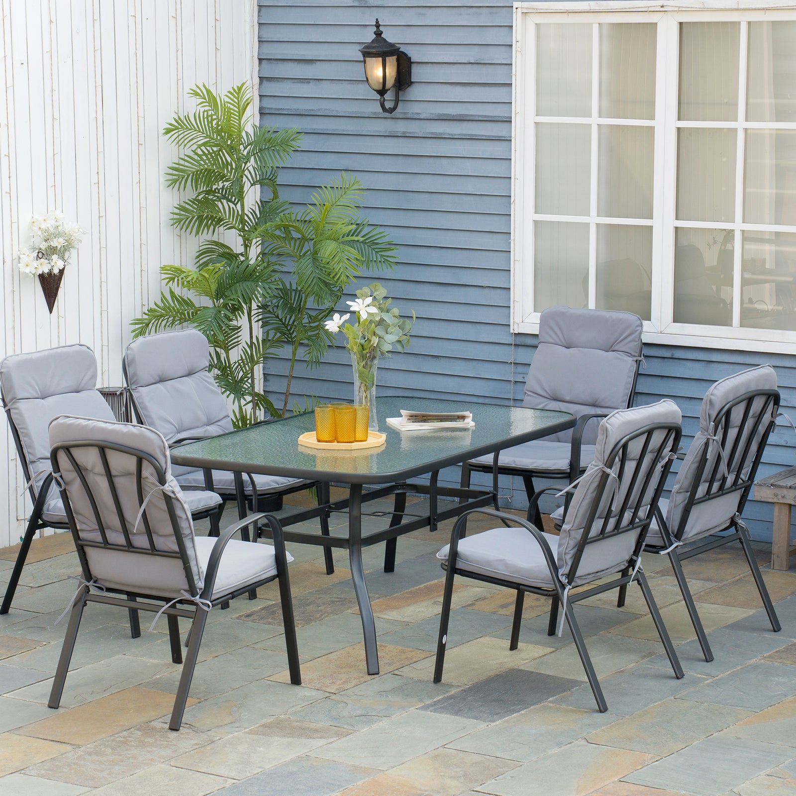 7 Pcs Garden Dining Set, Table W/ Umbrella Hole & Cushion | Gray
