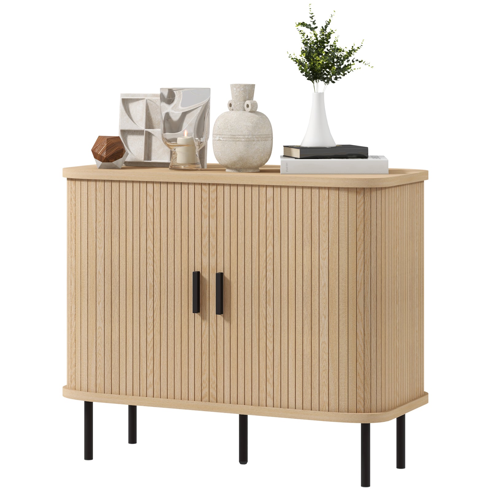 Sideboard Storage Cabinet With Slatted Tambour Sliding Doors