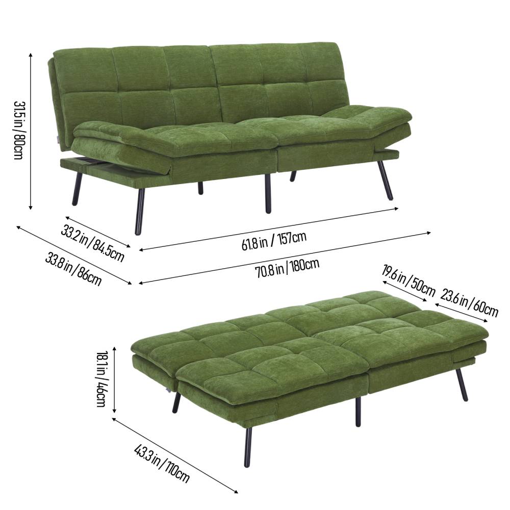 Modern Chenille Sofa Bed With Adjustable Split Backrest & Armrests, Convertible Sleeper Couch For Living Room Or Guest Room