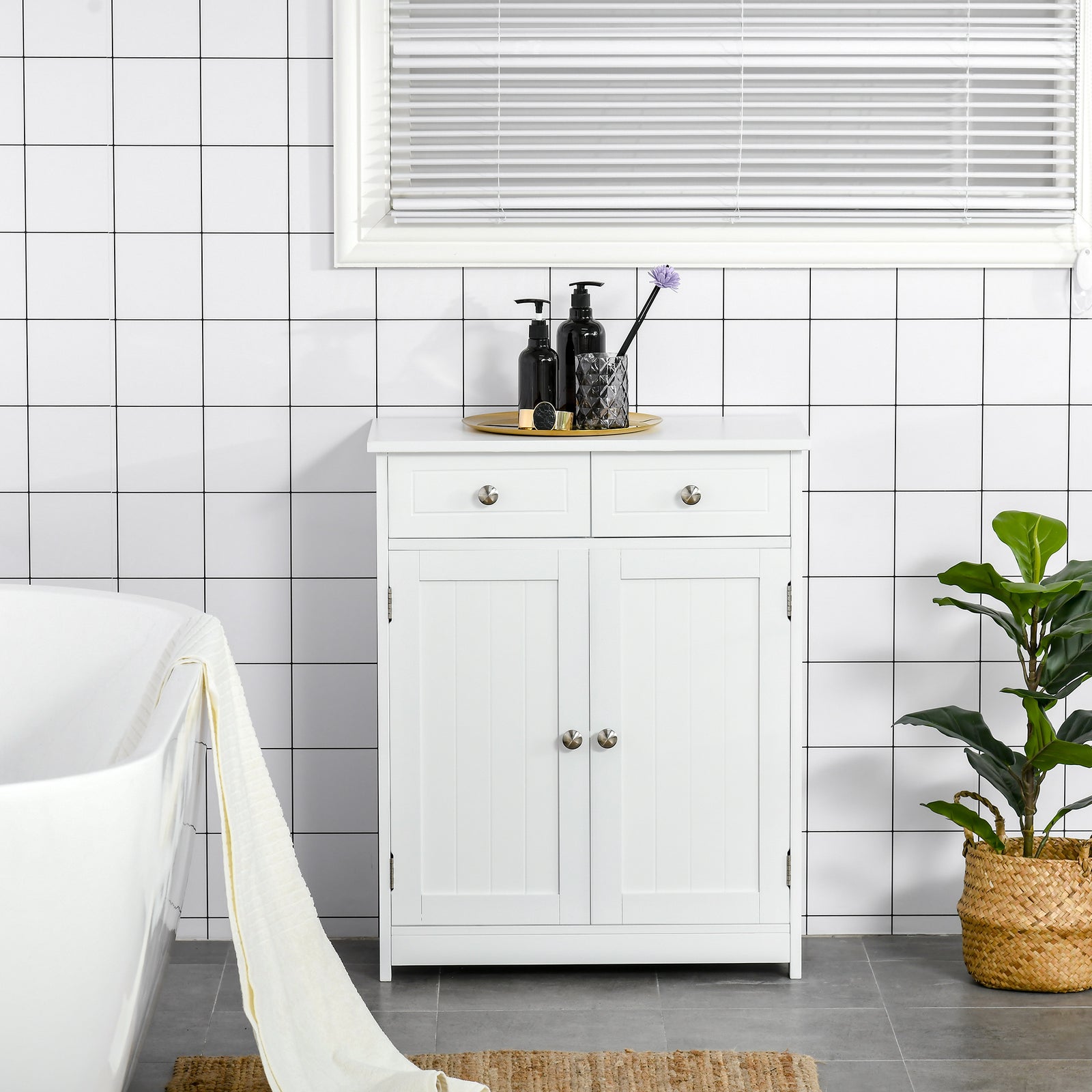 Bathroom Floor Storage Cabinet W/ 2 Drawers Door Cupboard | One Size | White