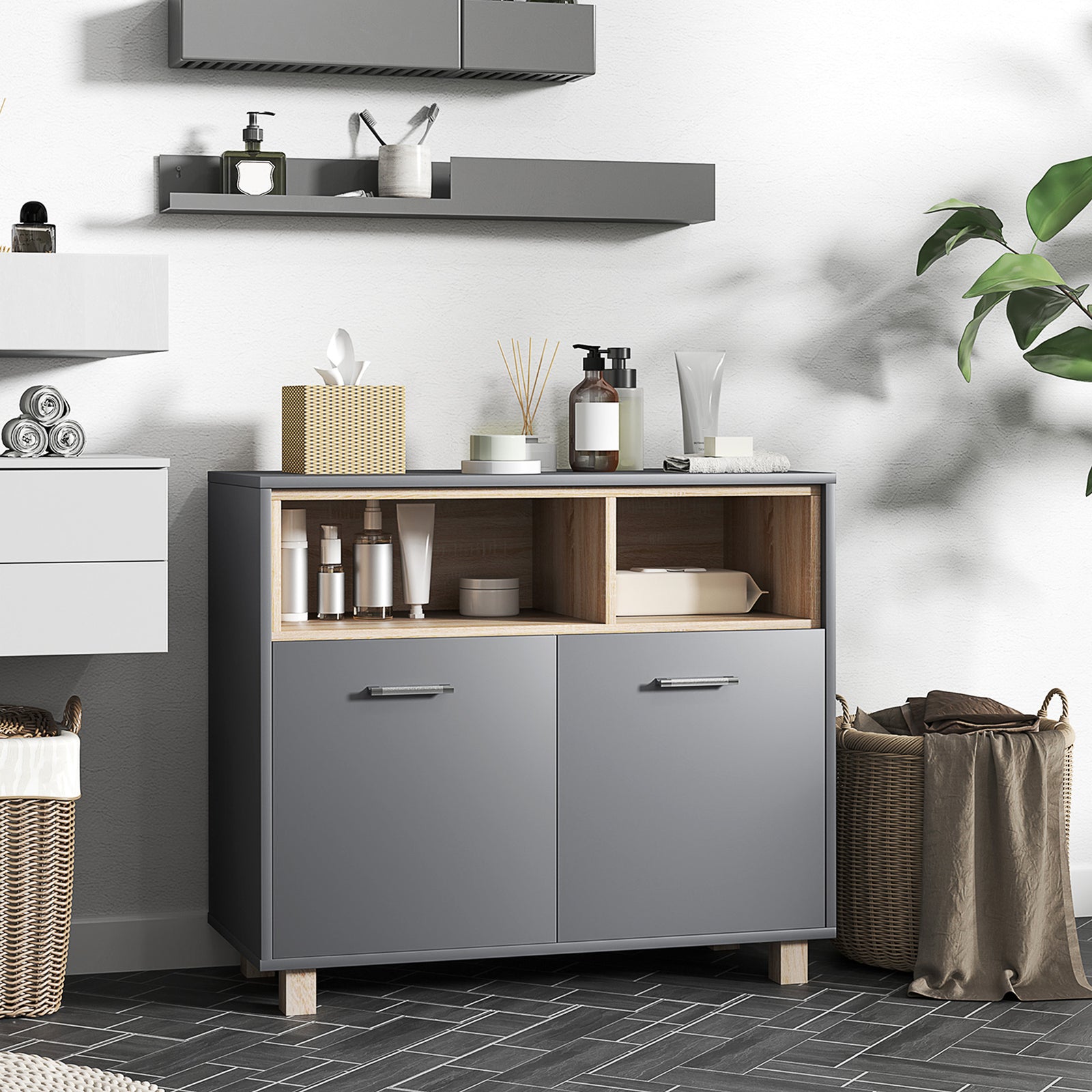 Bathroom Storage Cabinet Open Compartments Double Doors