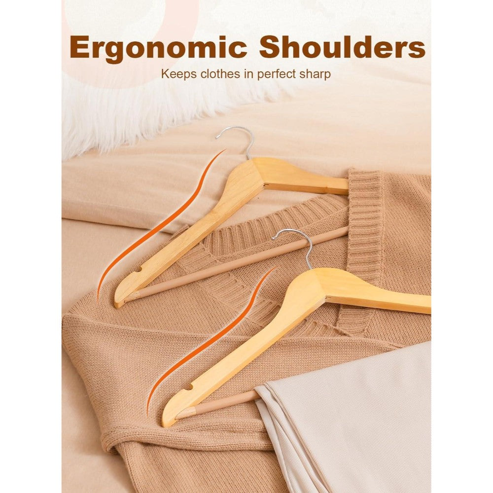 20 Pack Wooden Clothes Hangers With Non Slip Bar | Natural