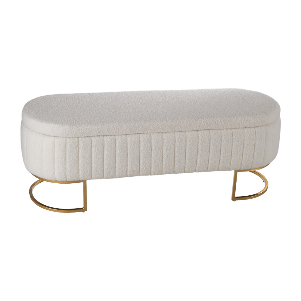 White Teddy Fur Upholstered Storage Bench With Gold Metal Base, Modern Ottoman Seat With Hidden Compartment For Bedroom Or Living Room