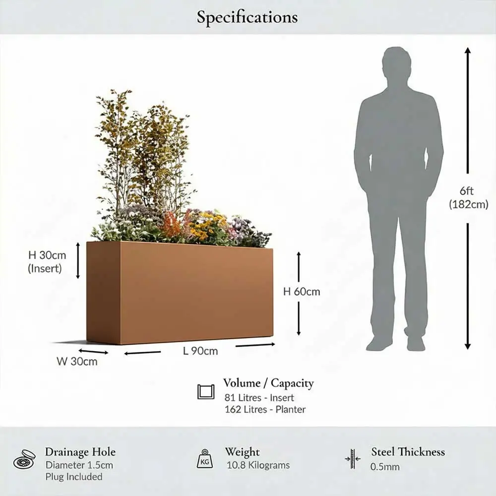 Long Zinc Galvanised Tall Trough Planter | 90cm x 30cm x 60cm | Copper