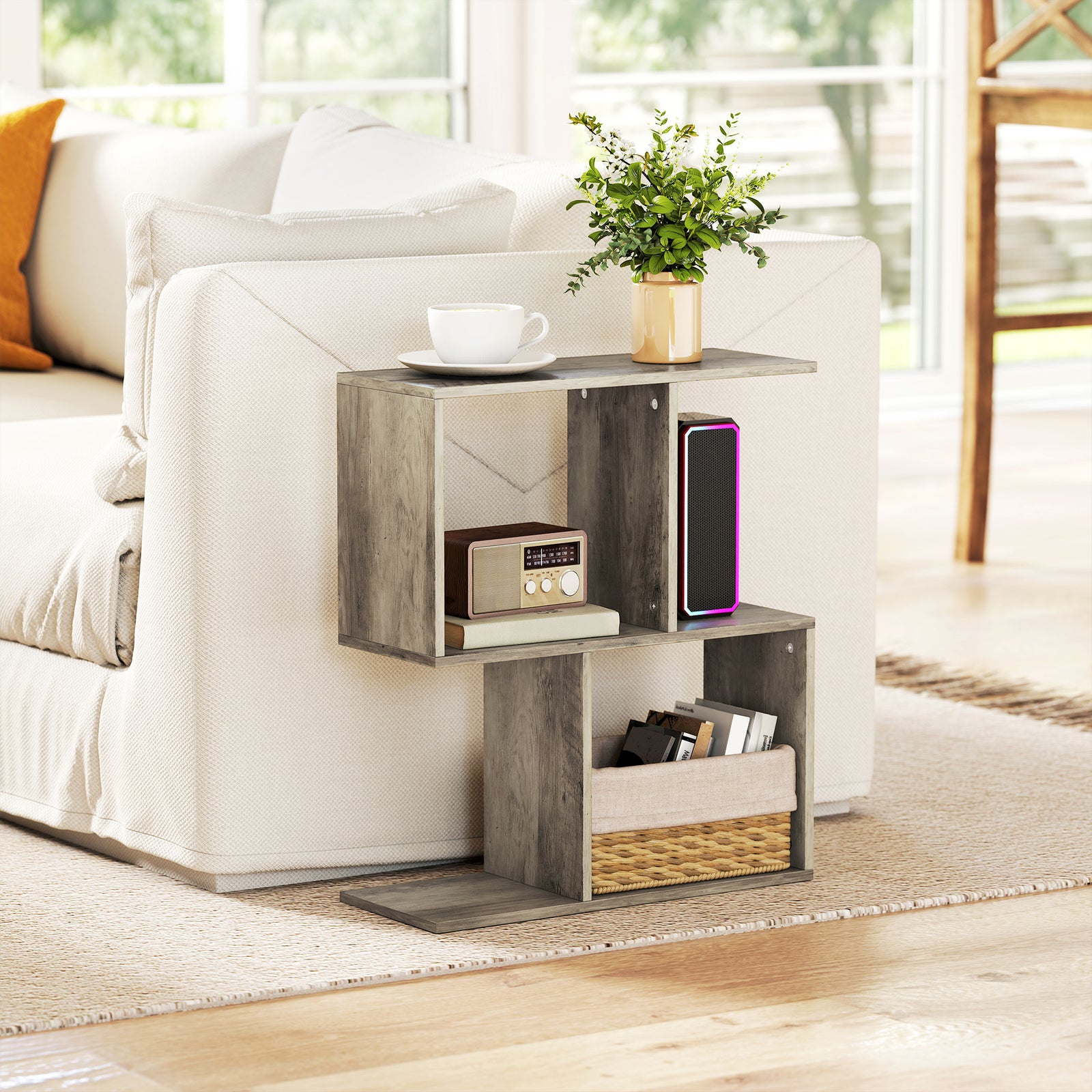 Side Table, Narrow End Table With Storage Shelves | Grey
