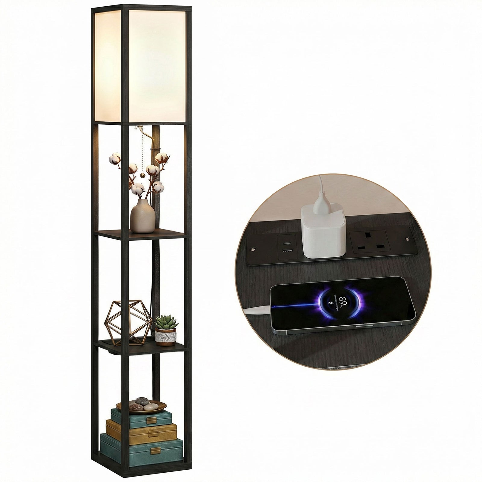 Floor Lamp With 3-tier Storage Shelf For Home Office | Black