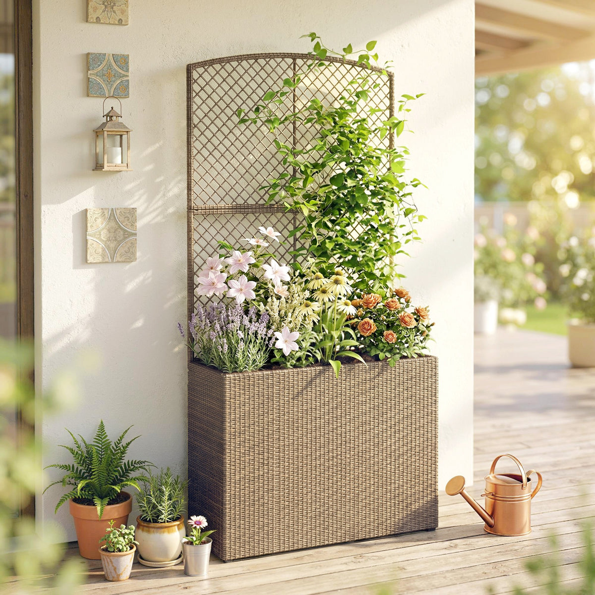 Outsunny Rattan Garden Planter With Trellis And Liner, Light Grey
