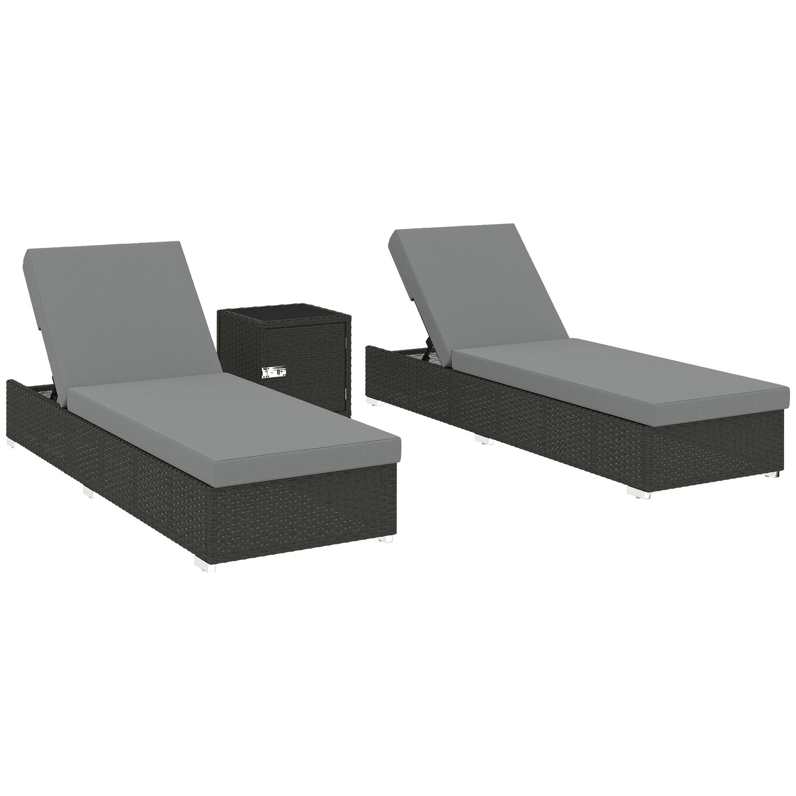 Rattan Sun Loungers Set Of 2 With Side Table | Dark Grey