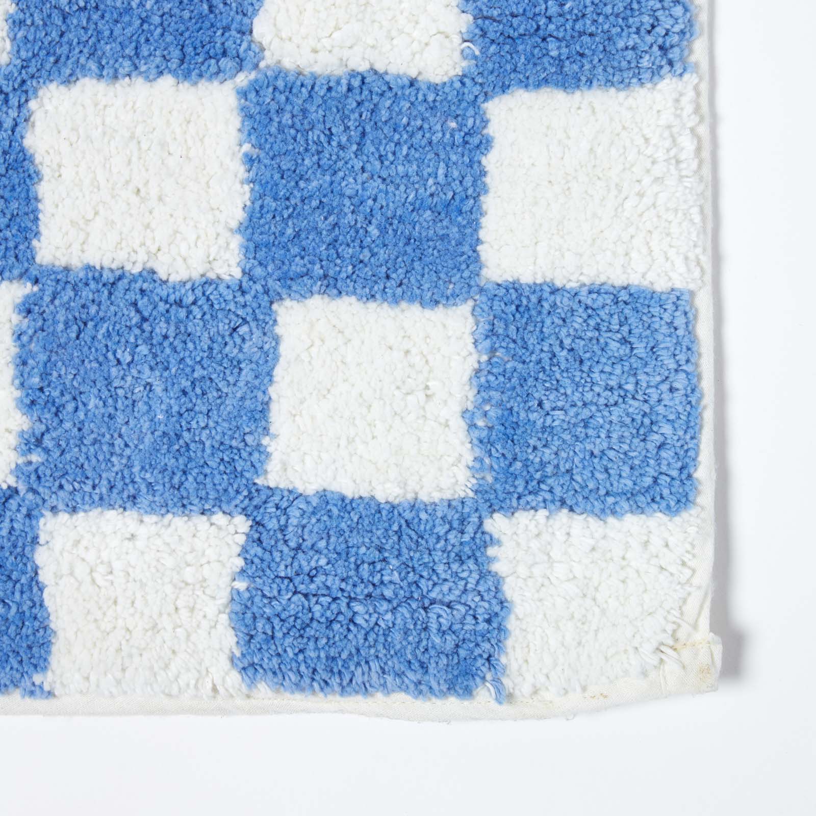 100% Cotton Non Slip Checked Bath Mat | 50 x 80cm | Blue & White