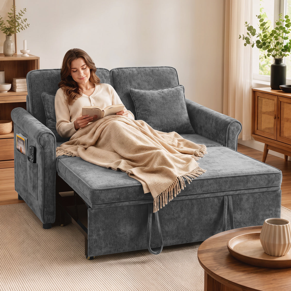 2 Seater Sofa Bed, 3-in-1 Convertible Pull Out Sofa Bed | Grey