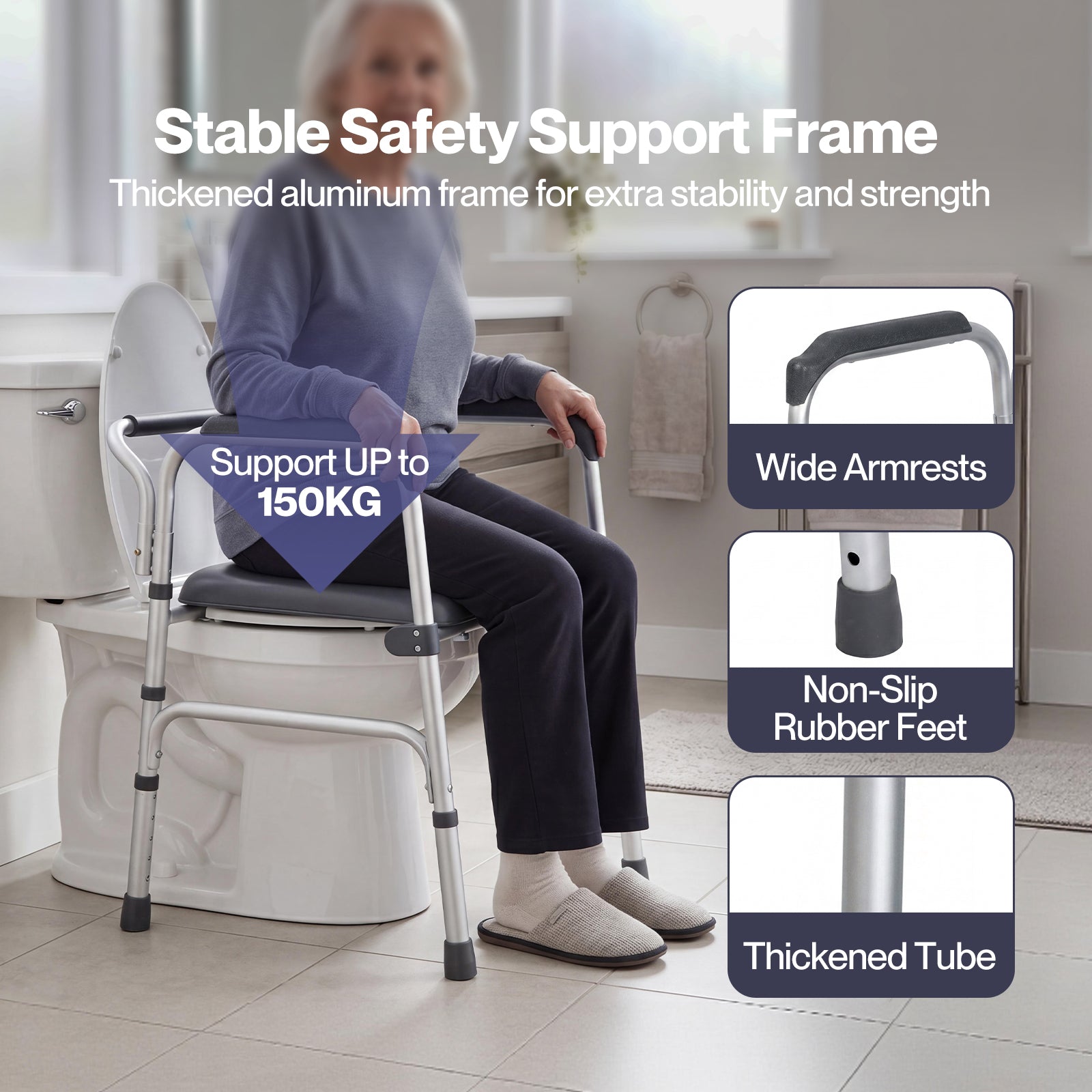 3 In 1 Commode Chair Folding Shower Chair Toilet Seat Riser Adjustable | Grey