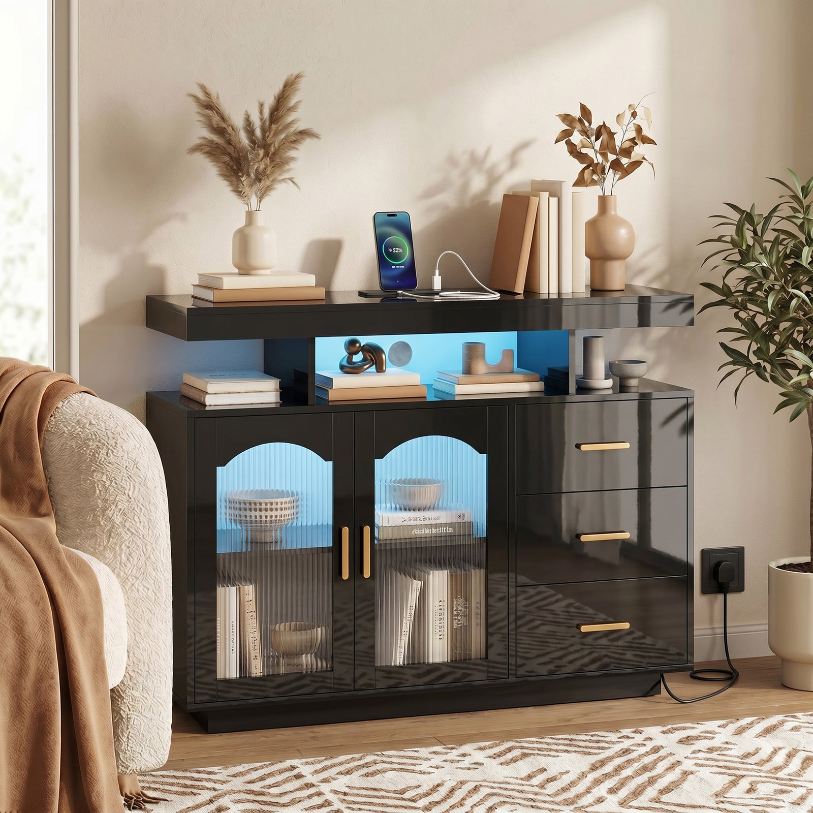 High Gloss Sideboard With Led Lights, Power Outlets, Drawers | Black