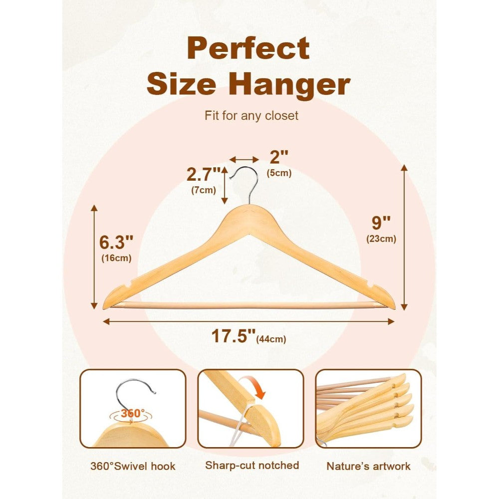 20 Pack Wooden Clothes Hangers With Non Slip Bar | Natural