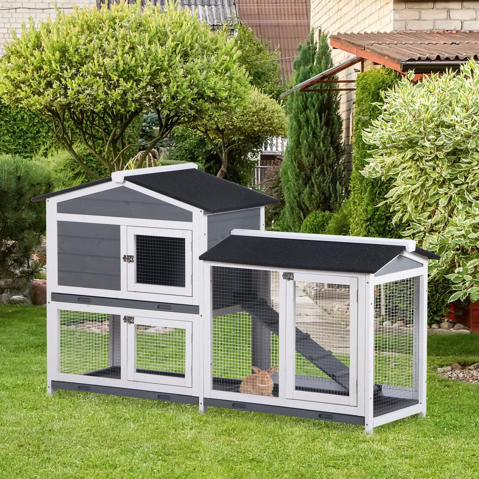 2-tier Wooden Rabbit Hutch Guinea Pig House Pet Cage Outdoor W/ Tray Ramp | Gray
