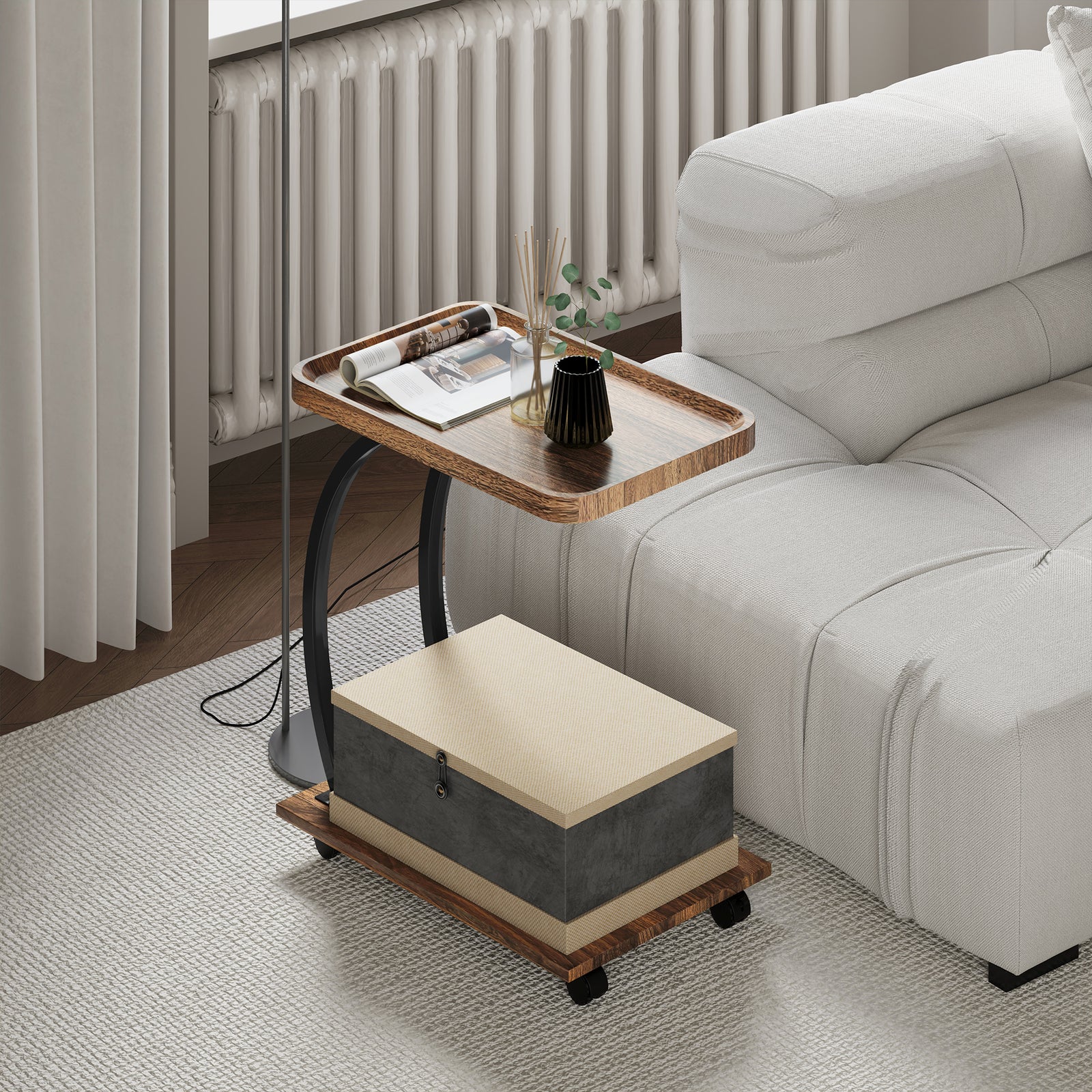 HOMCOM C Shaped Side Table With Storage & Wheels For Living Room, Brown