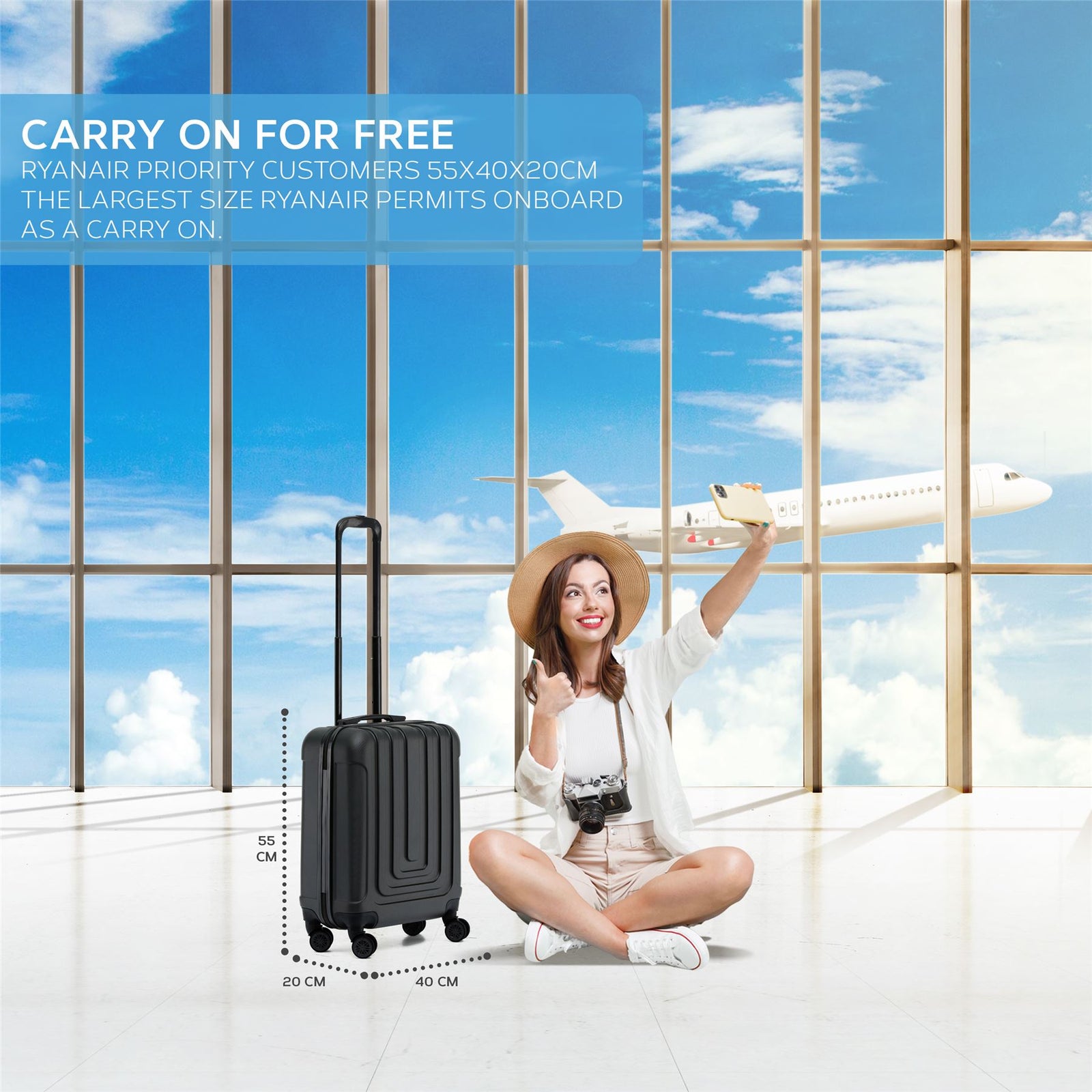 55x40x20cm Lightweight Luggage Overhead Cabin Hard Shell Cabin Suitcase 60+ Airlines Approved - Carry On Case - 4 Wheels | Cabin | Black