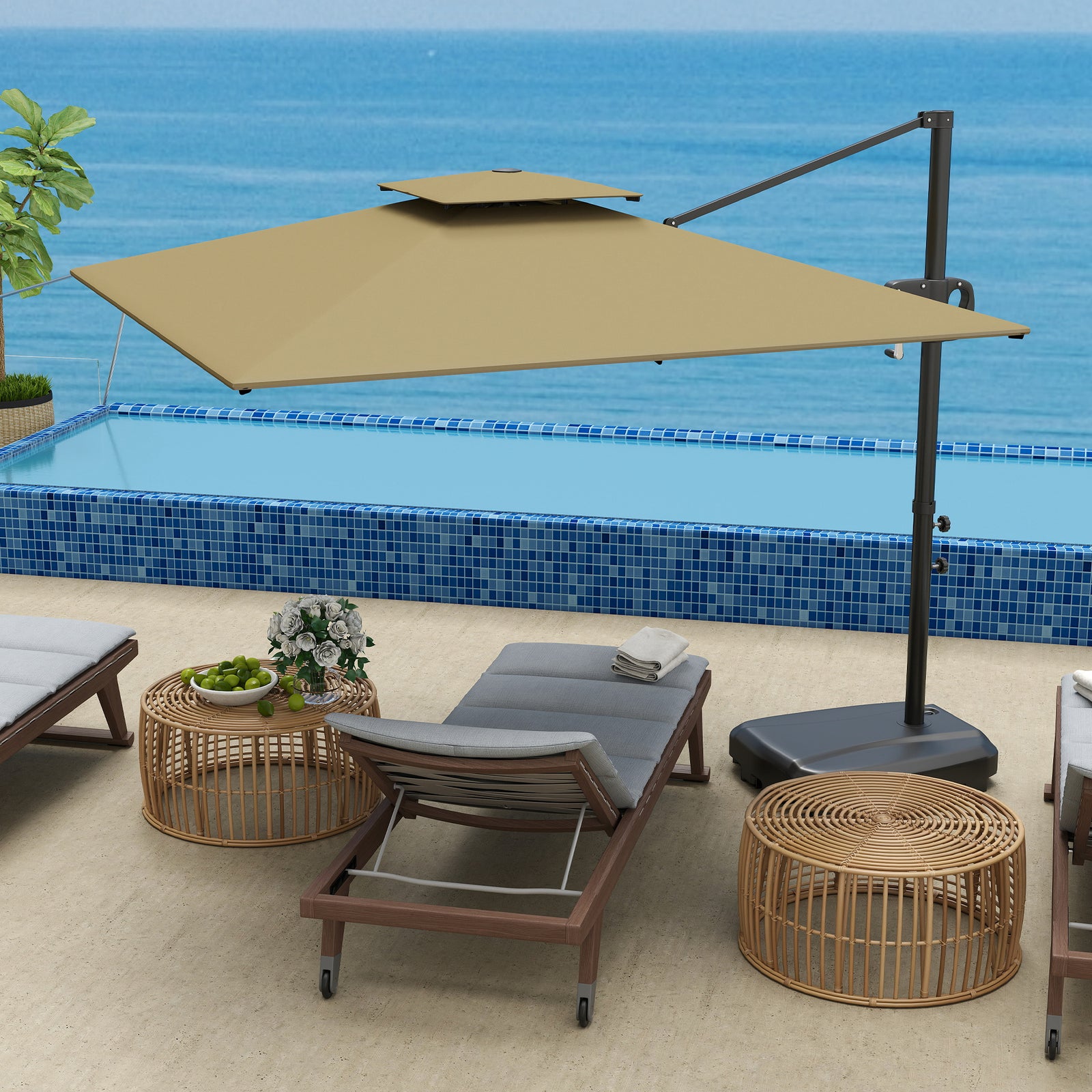 Garden Cantilever Parasol W/ Weighted Base Tilt Crank | Khaki