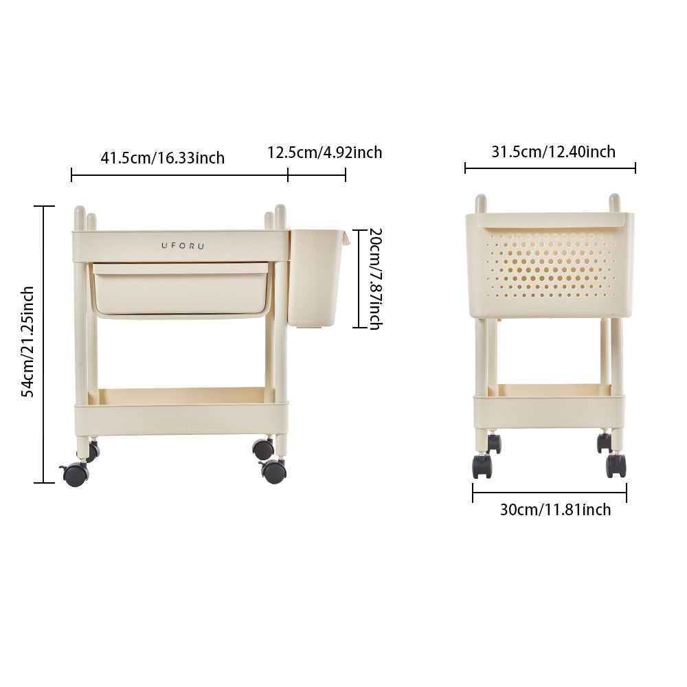 2/3/4-tier Rolling Storage Cart With Lockable Wheels Organizer Trolley With Hanging Baskets & Drawer | Small | Cream