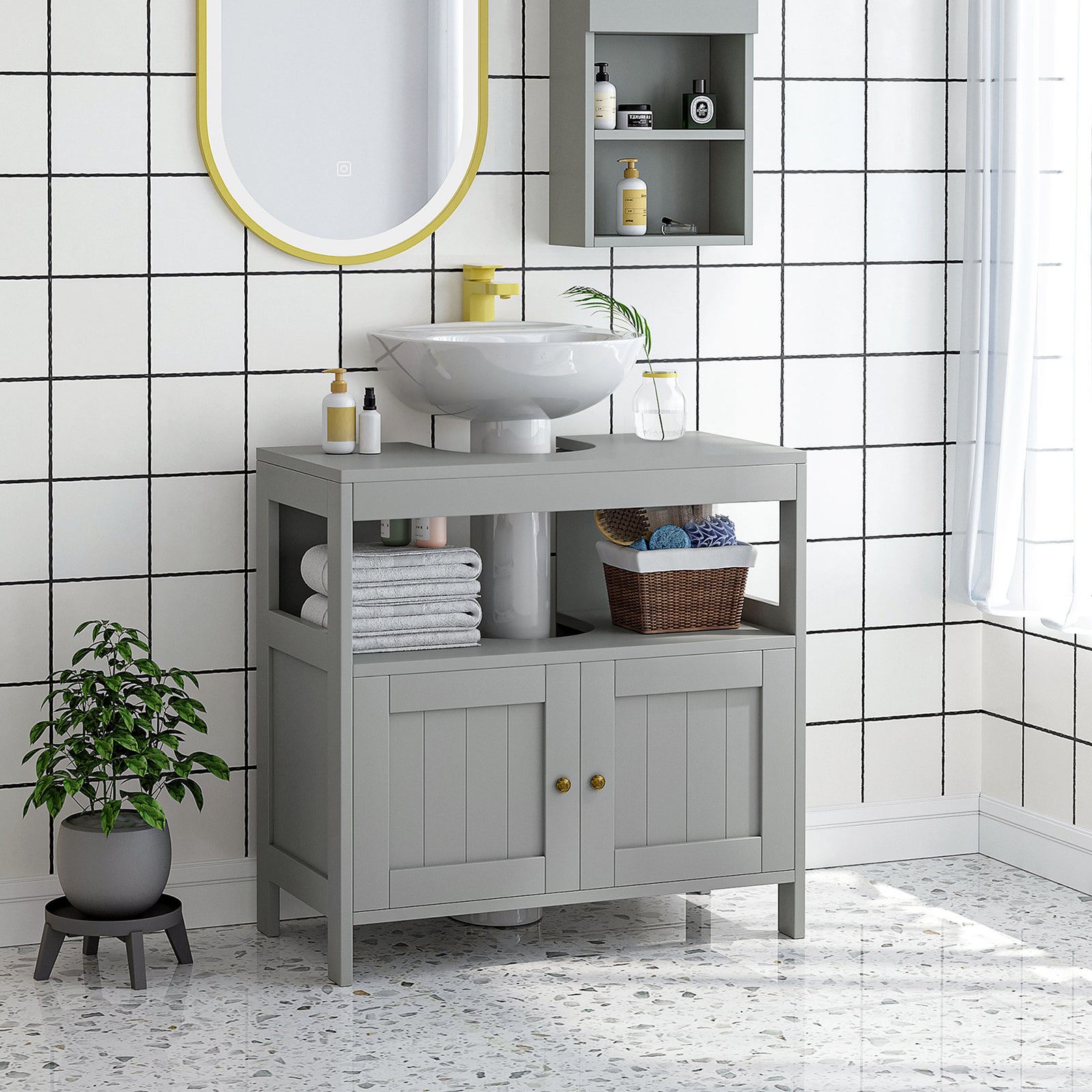 Bathroom Pedestal Under Sink Cabinet With Door | One Size | Gray