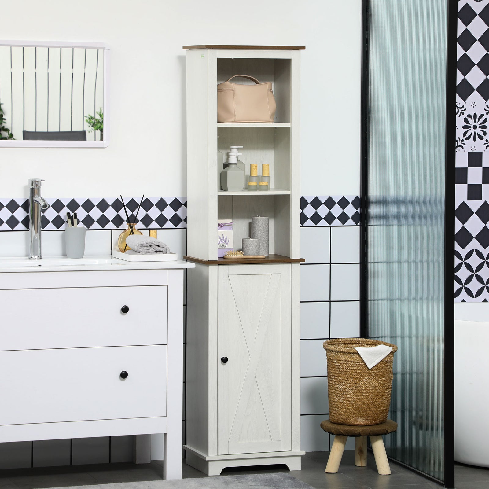 Tall Bathroom Cabinet Storage Cupboard With Door, Adjustable